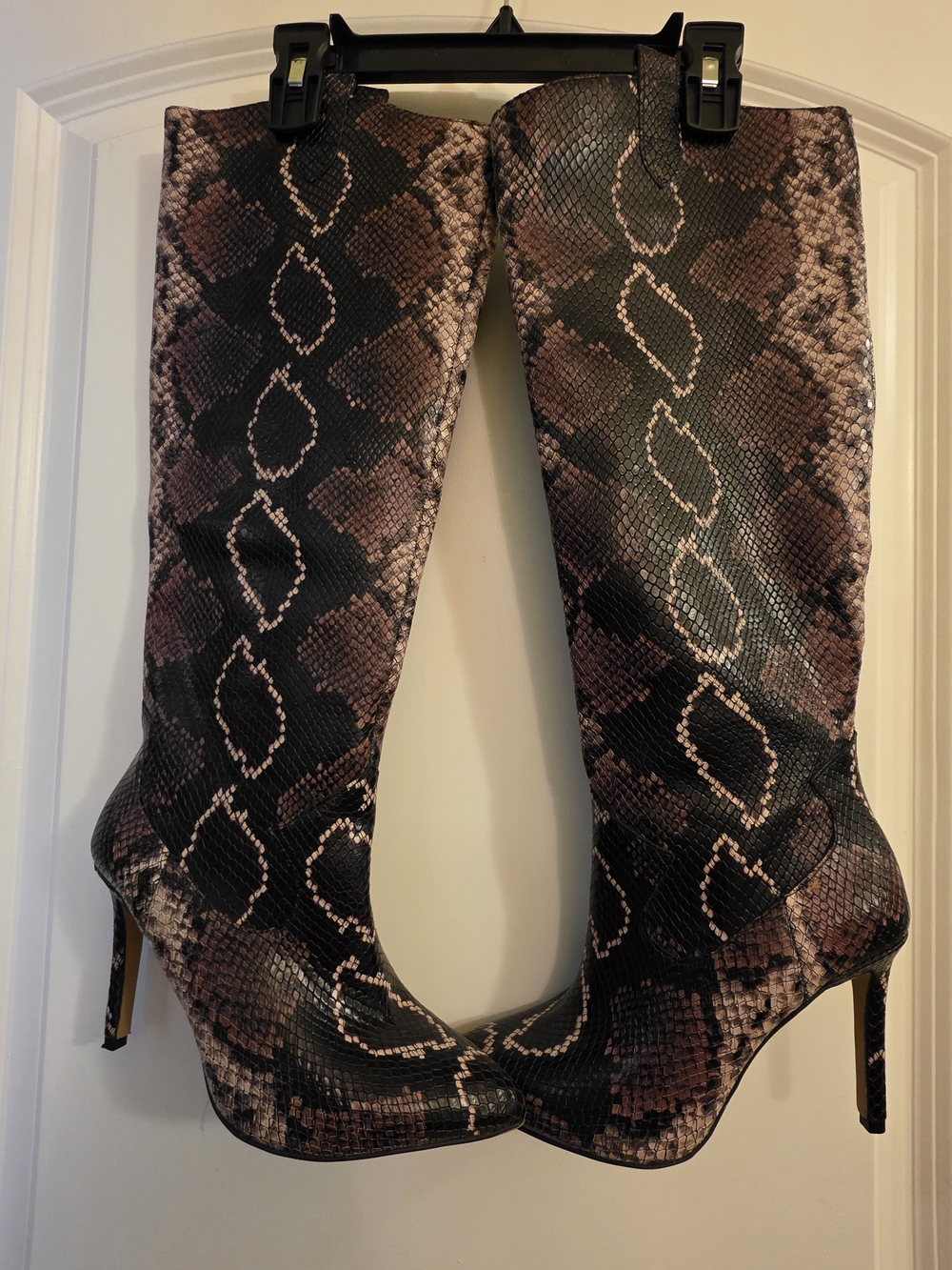 Vince Camuto Brown and Black Snakeskin Knee Length Stiletto Boots